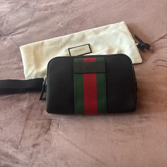 Gucci Black Belt Bag with Red and Green Web Stripe - Picture 1 of 5